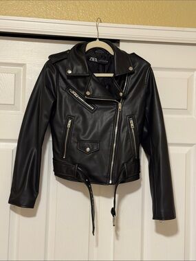 Zara Black Faux Leather Biker Jacket with Silver Hardware